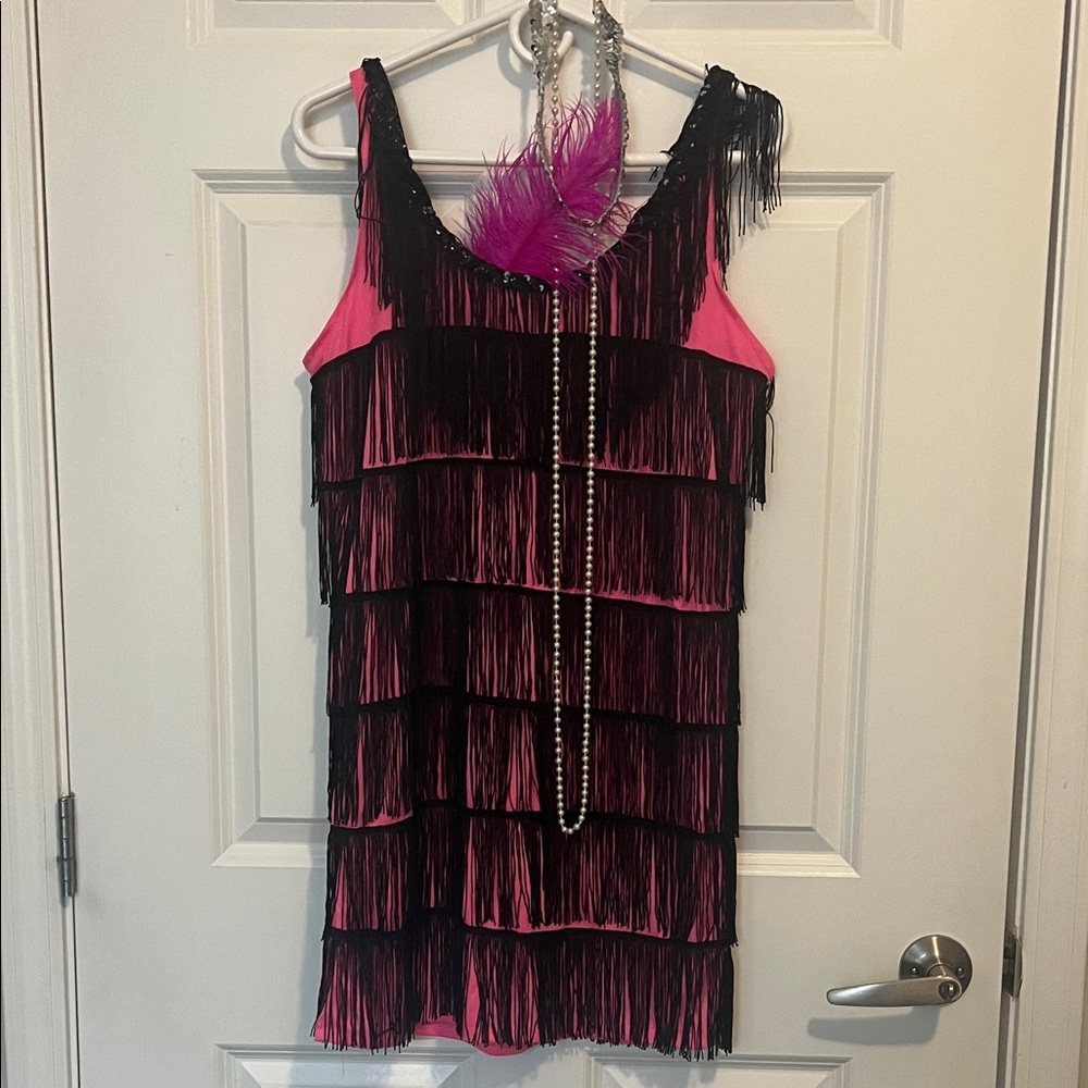 Flapper 1920s Costume Pink and Black Fringe Dress